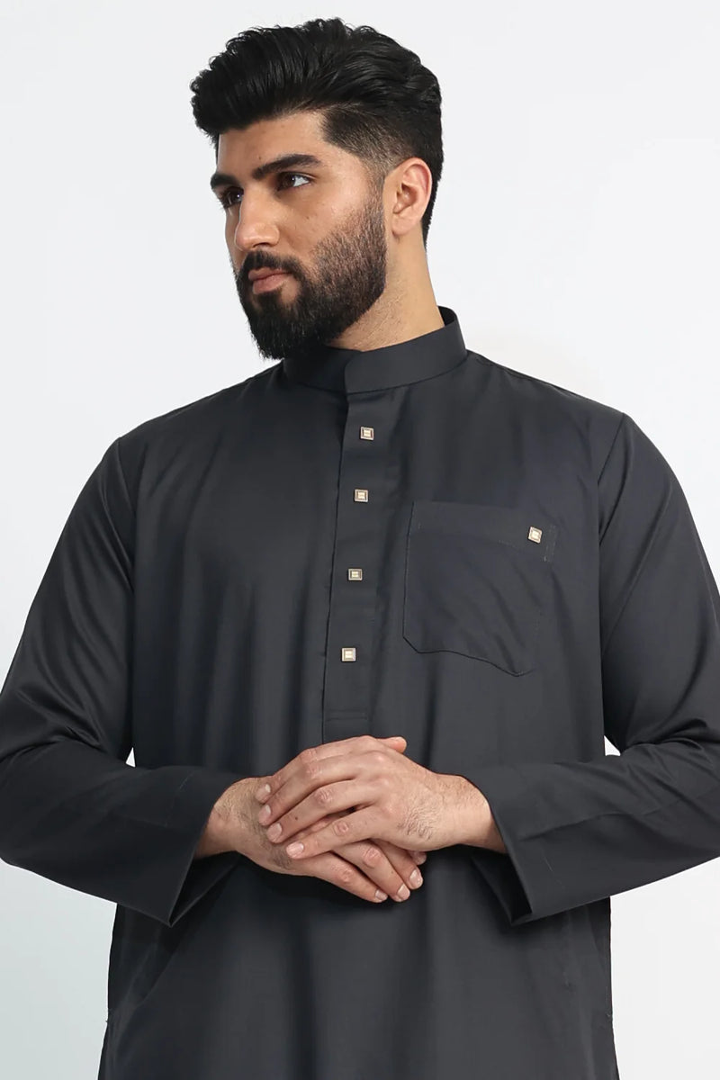 Black Saudi Collar Thobe By Al noor- J1516