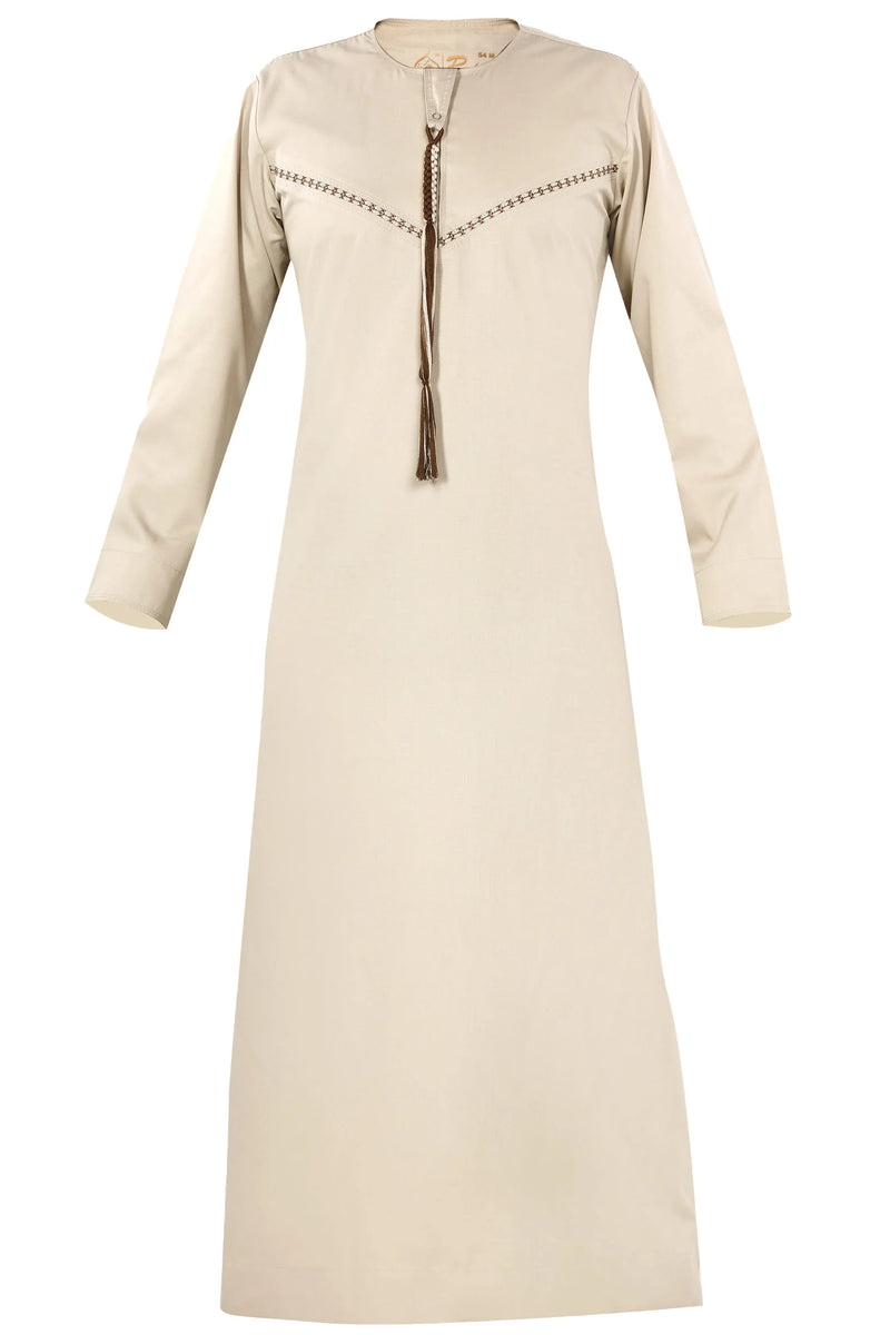 Khaki - Omani Thobe Premium Fabric Embroidered With Tassel