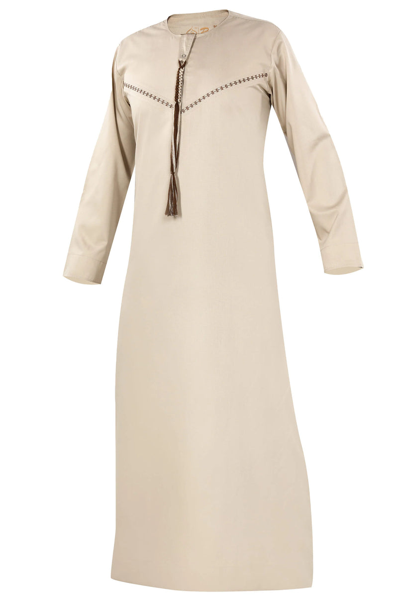 Khaki - Omani Thobe Premium Fabric Embroidered With Tassel
