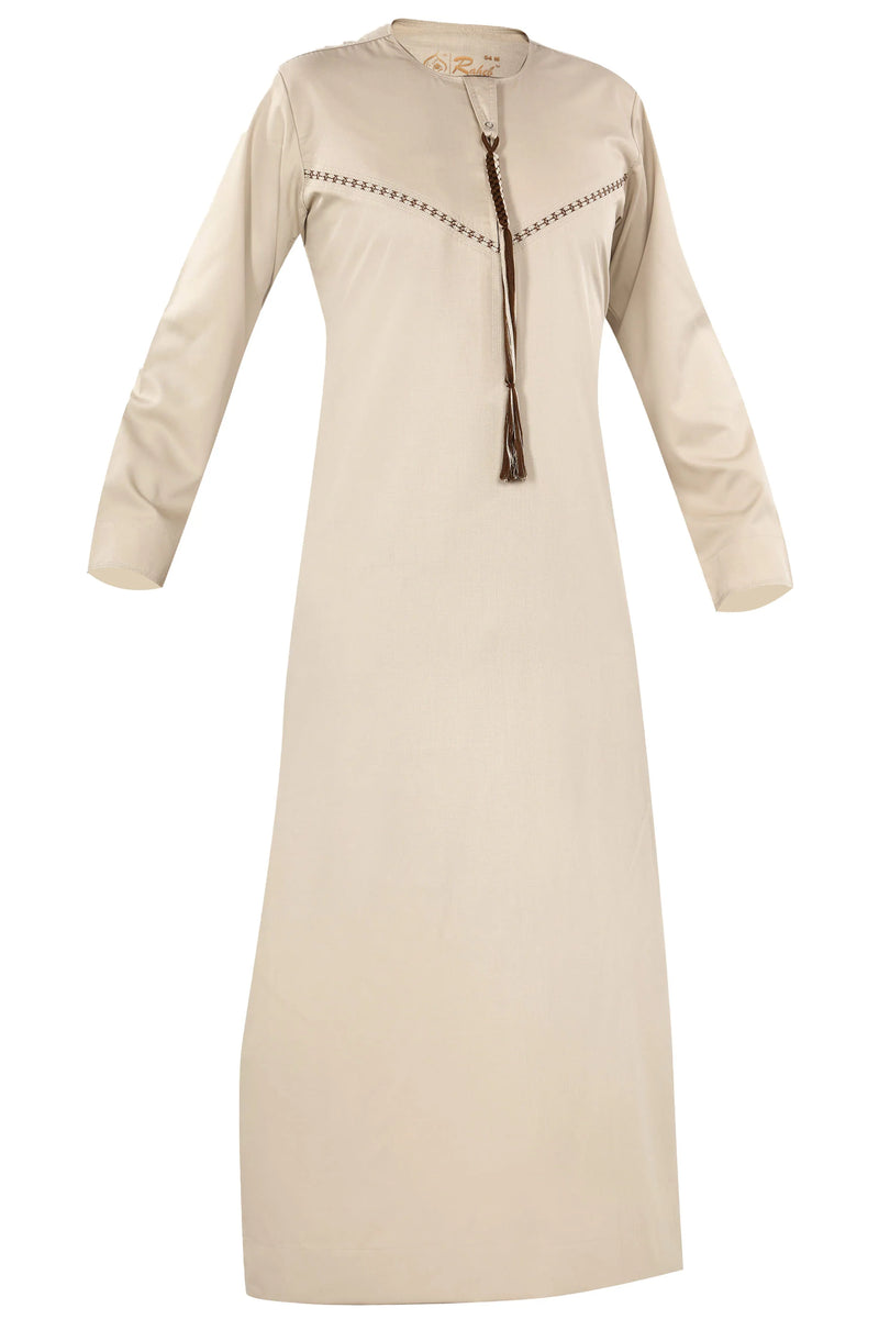 Khaki - Omani Thobe Premium Fabric Embroidered With Tassel