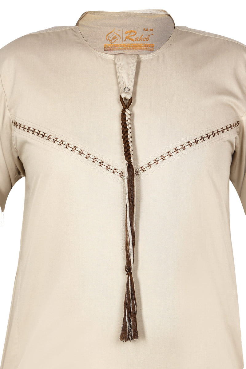 Khaki - Omani Thobe Premium Fabric Embroidered With Tassel