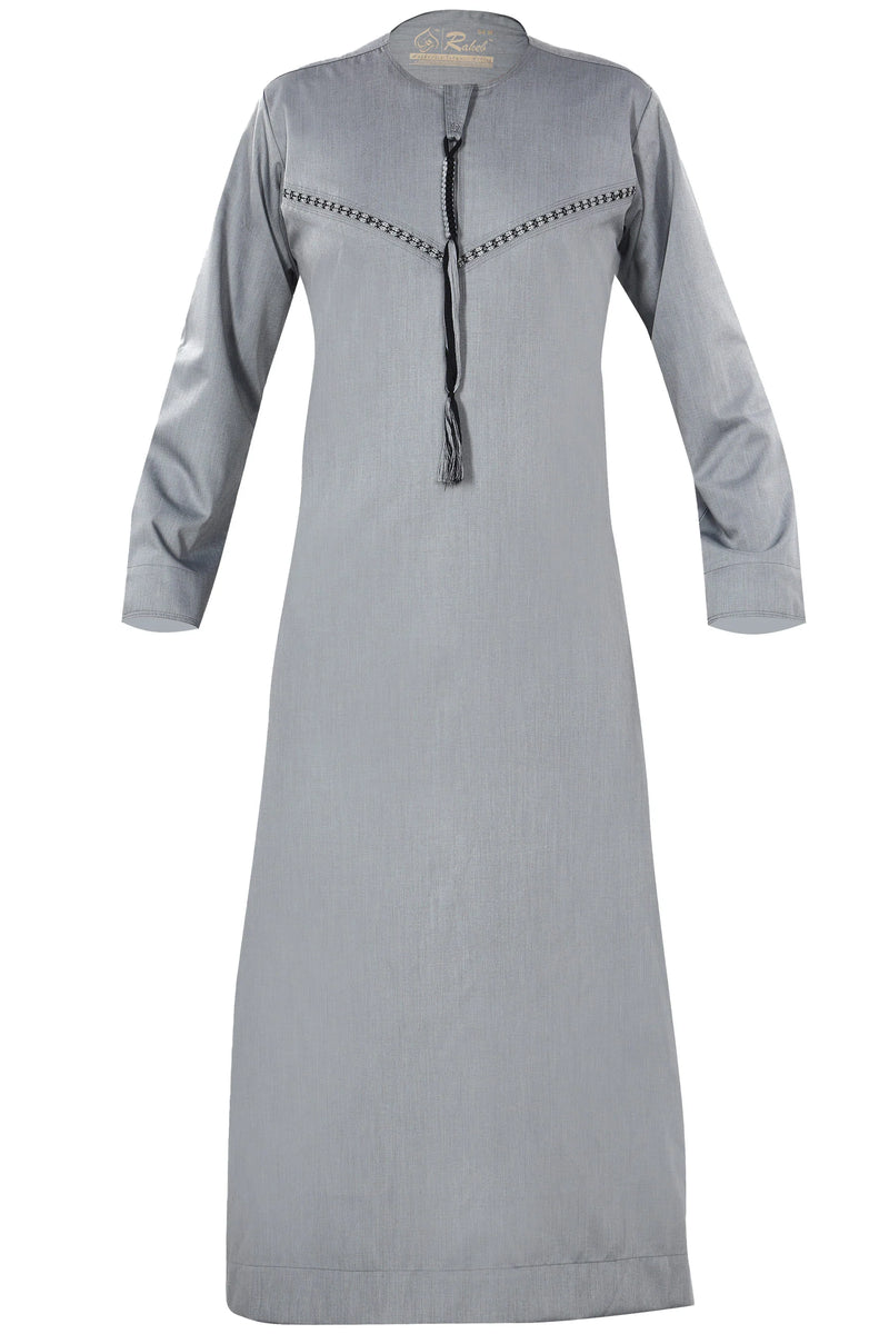 Light Grey - Omani Thobe Premium Fabric Embroidered With Tassel