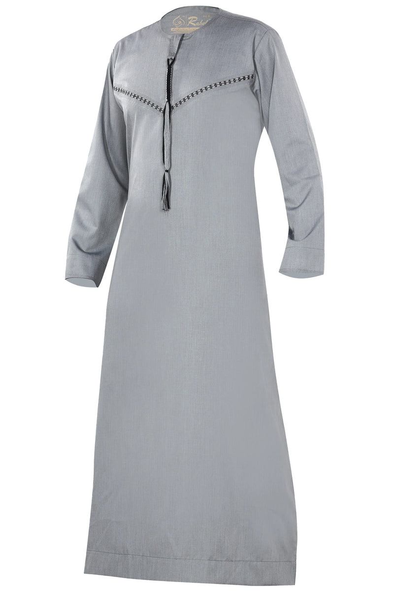 Light Grey - Omani Thobe Premium Fabric Embroidered With Tassel