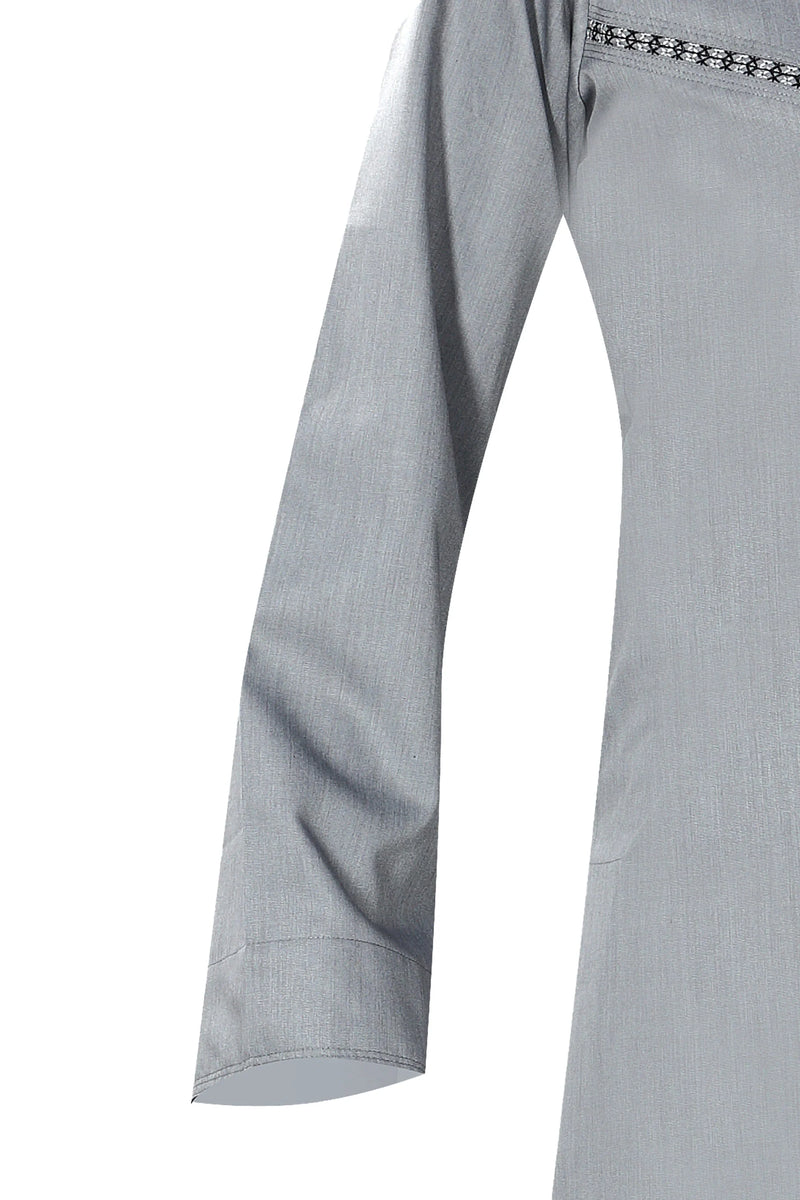 Light Grey - Omani Thobe Premium Fabric Embroidered With Tassel