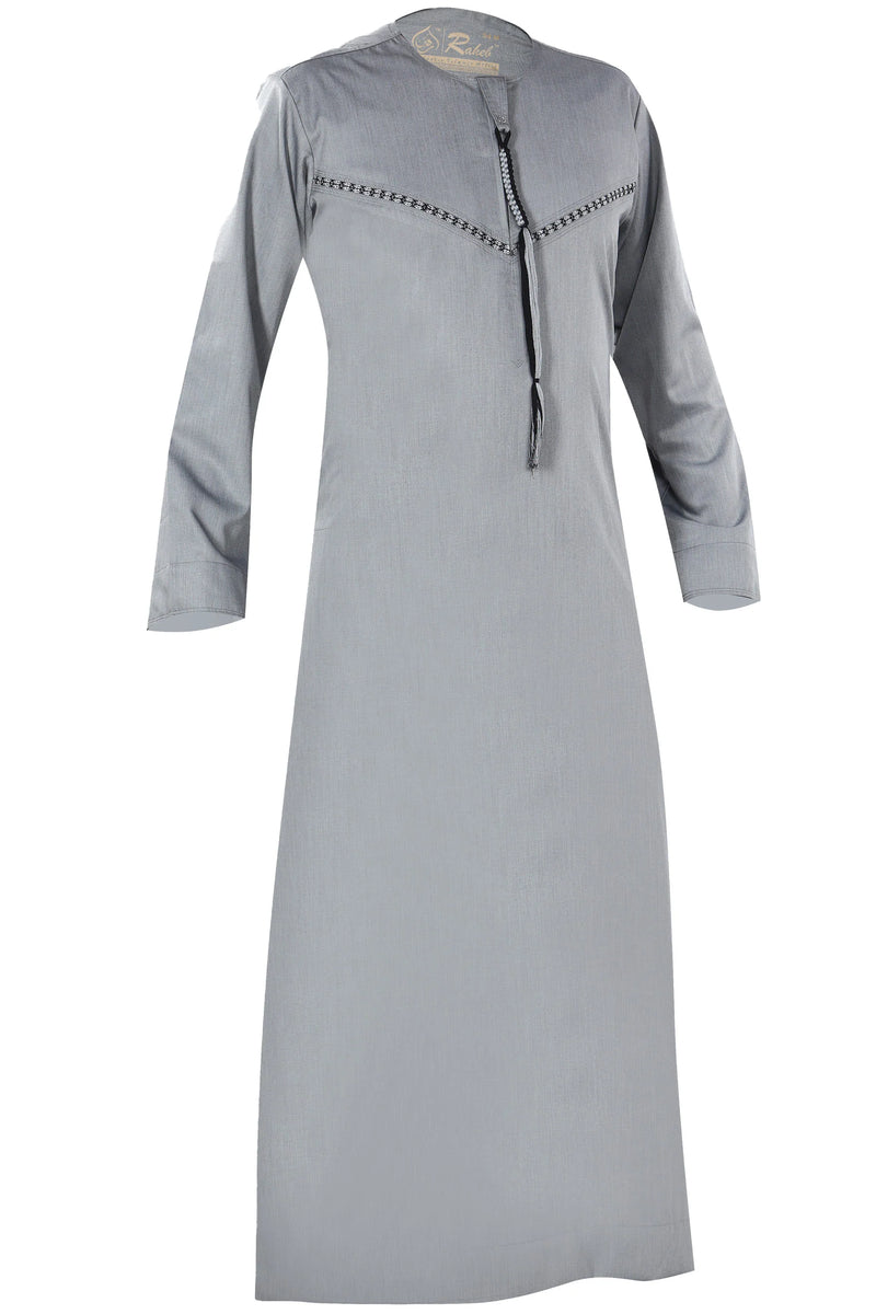 Light Grey - Omani Thobe Premium Fabric Embroidered With Tassel