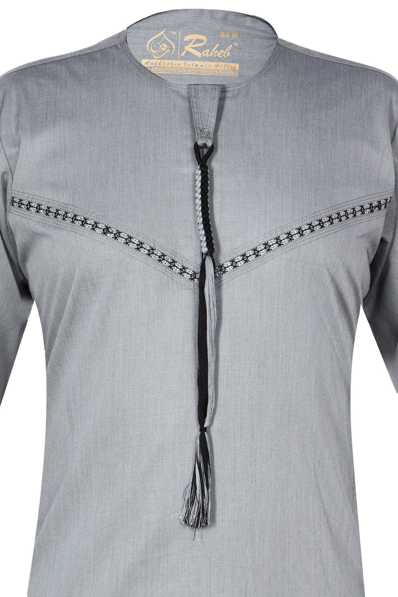 Light Grey - Omani Thobe Premium Fabric Embroidered With Tassel