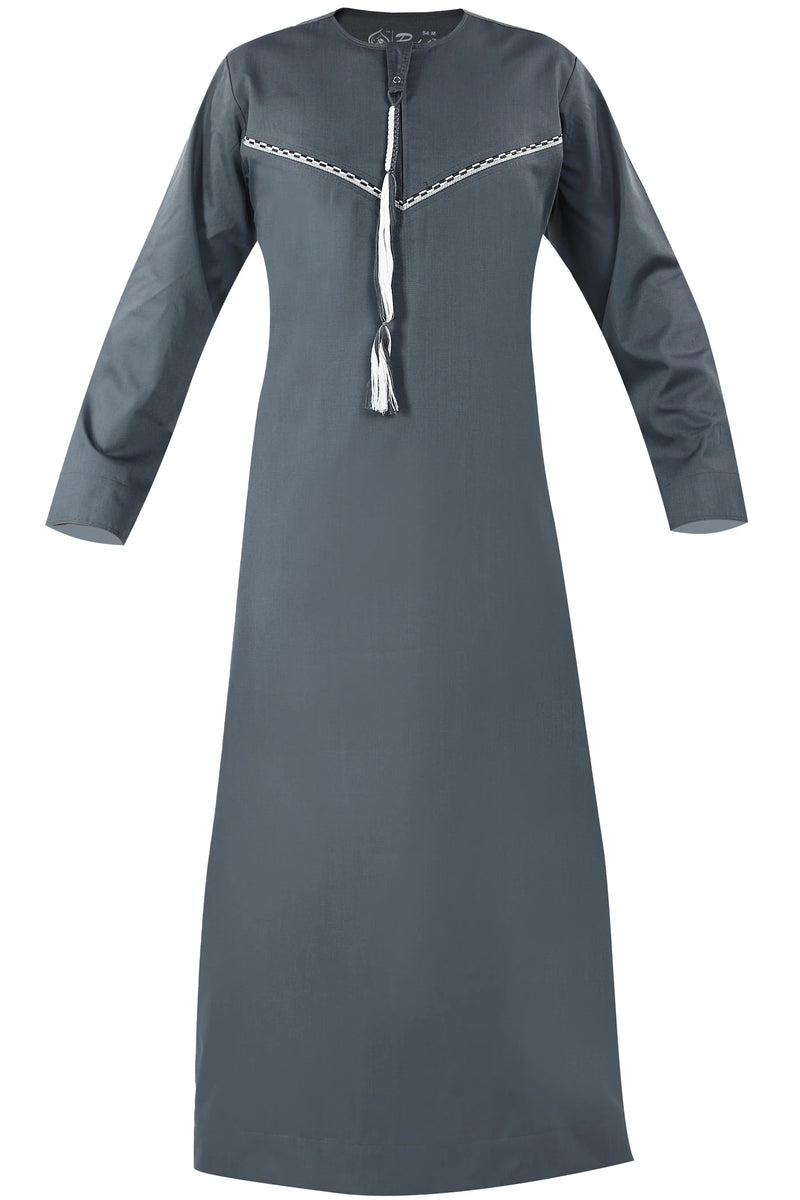 Grey - Omani Thobe Premium Fabric Embroidered With Tassel