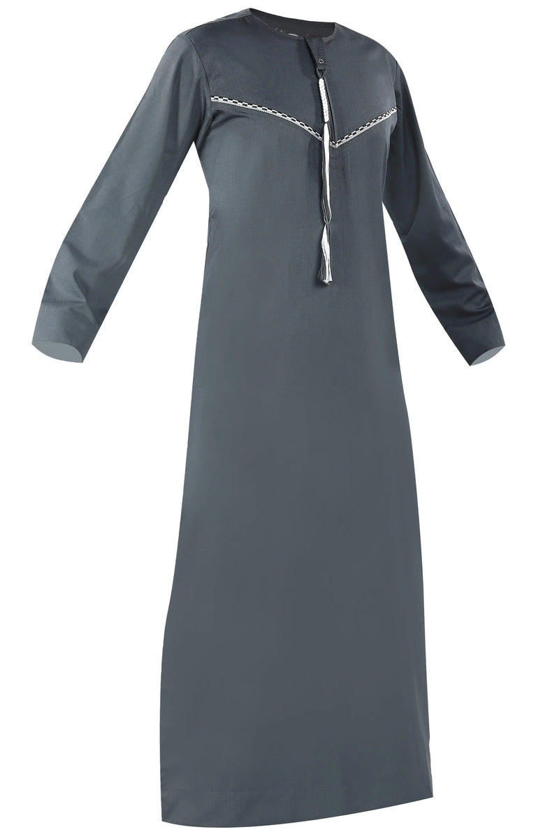 Grey - Omani Thobe Premium Fabric Embroidered With Tassel