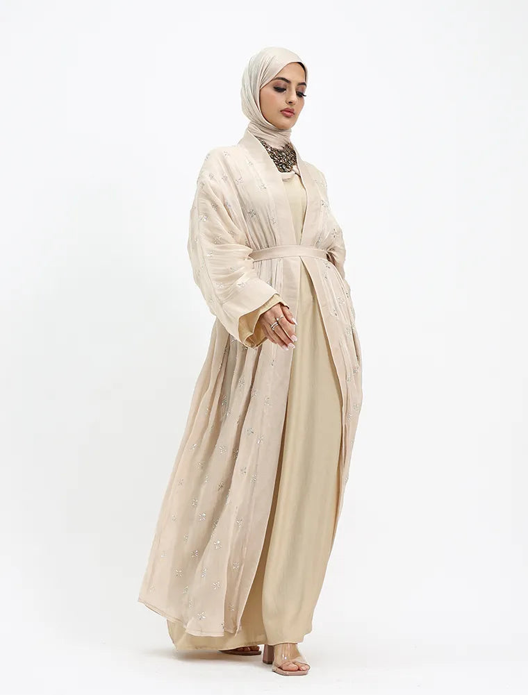 Beige Sparkle Organza Kimono Set