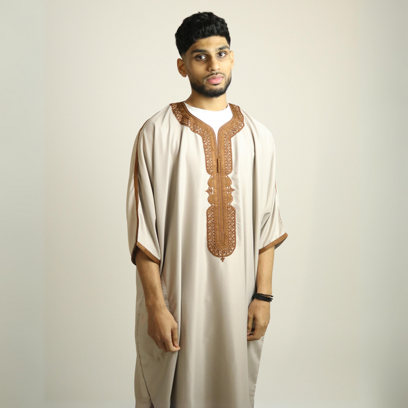 Beige - Brown Embroidery - Mens Moroccan Thobe