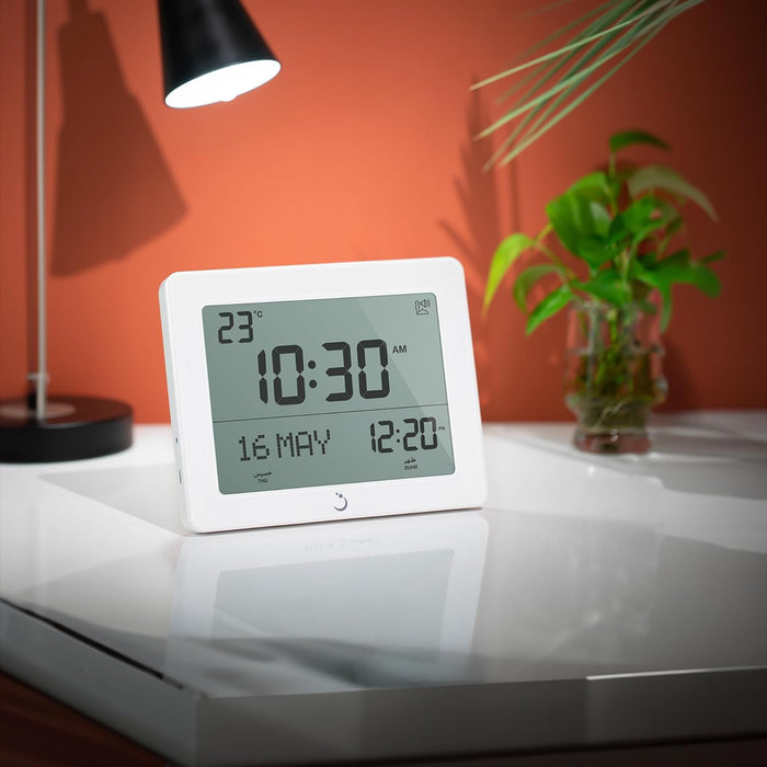 ALFAJR Azan Clock CF-19 White - Automatic Athan Five Times in 5 Different Voices - Simplified Manual for UK & Rest of the World (White) Al Fajr Desk or Wall Clock