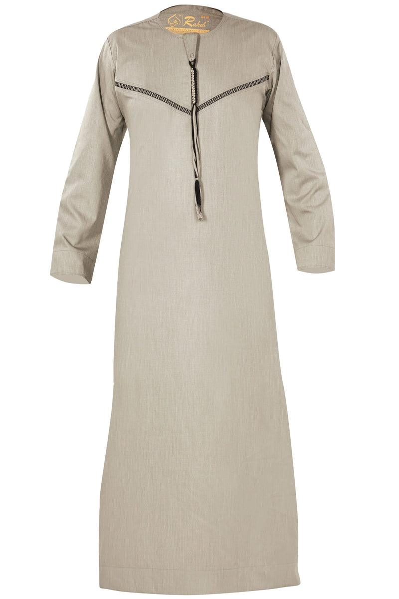 Omani Embroidery Thobe With Tassel color Slate Royal Premium Fabric Gulf Style