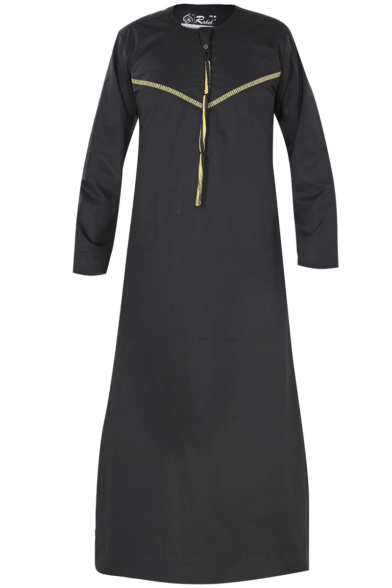 Omani Embroidery Thobe With Tassel Color Black Royal Premium Fabric Gulf Style
