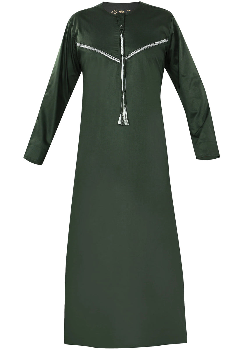 Omani Embroidery Thobe With Tassel color Dark Green Royal Premium Fabric Gulf Style
