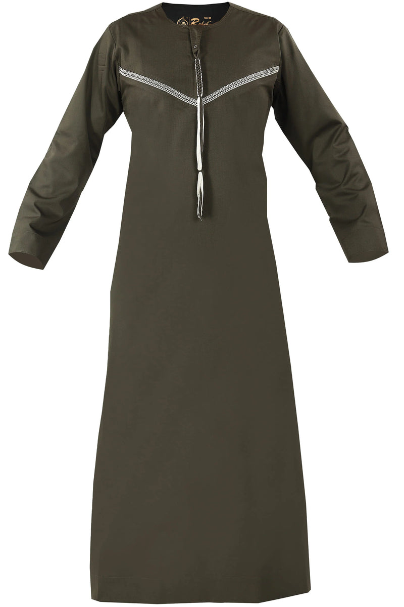 Omani Embroidery Thobe With Tassel color Brown Premium Fabric Gulf
