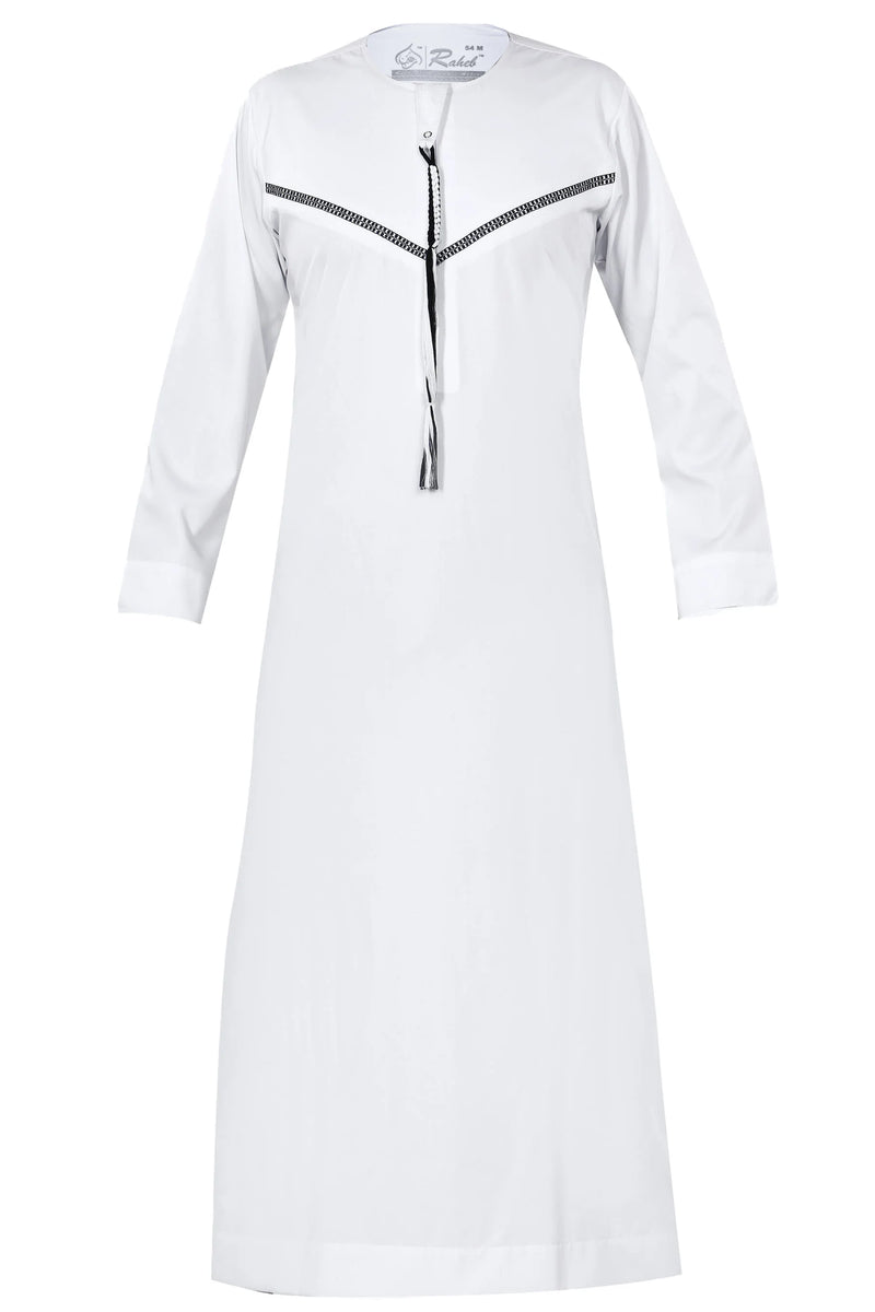 Omani Embroidery Thobe With Tassel color White Royal Premium Fabric Gulf Style