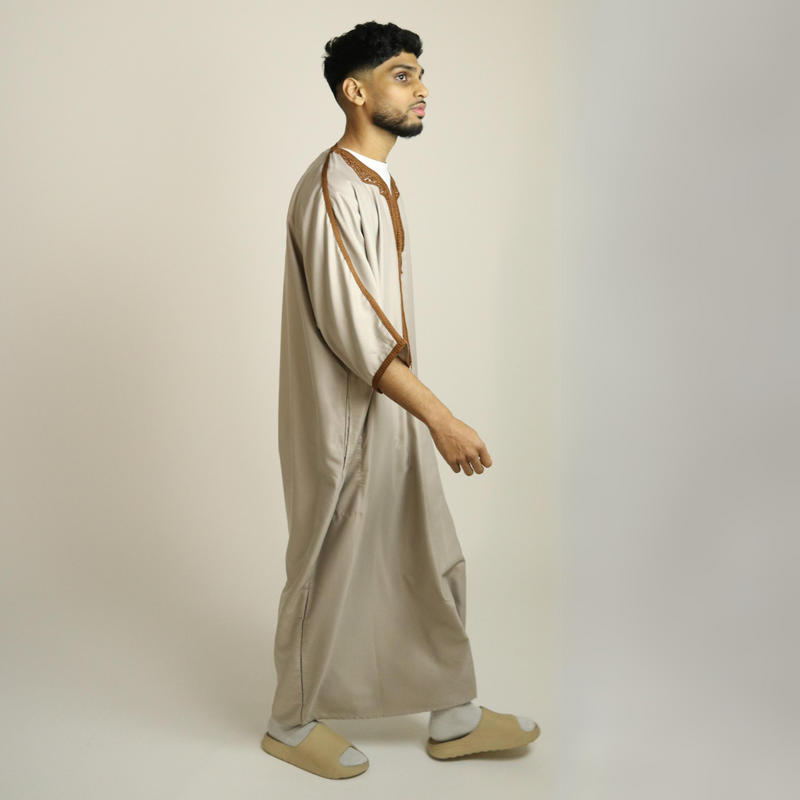 Beige - Brown Embroidery - Mens Moroccan Thobe