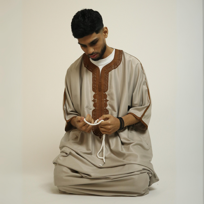 Beige - Brown Embroidery - Mens Moroccan Thobe