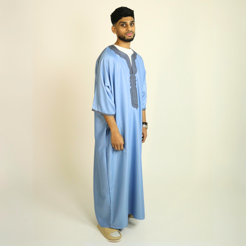Light Blue - Light Blue Embroidery - Mens Moroccan Thobe