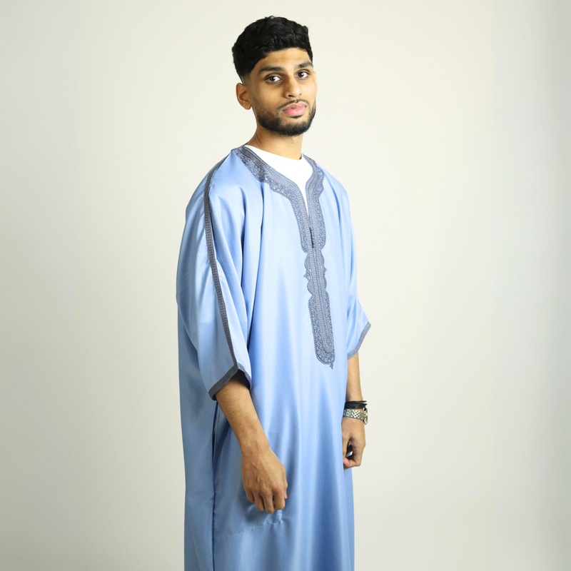 Light Blue - Light Blue Embroidery - Mens Moroccan Thobe