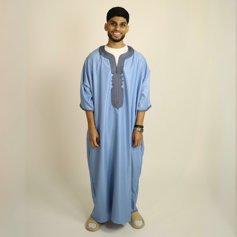 Light Blue - Light Blue Embroidery - Mens Moroccan Thobe