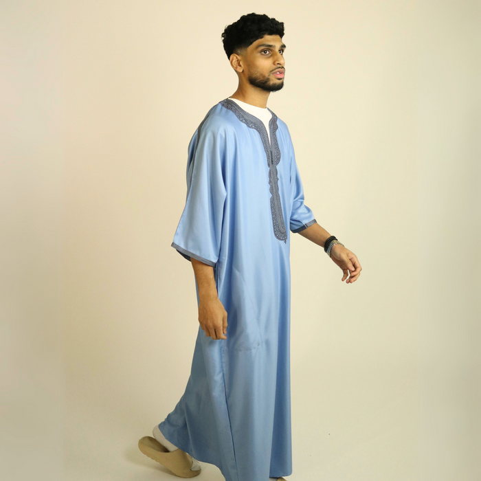 Light Blue - Light Blue Embroidery - Mens Moroccan Thobe