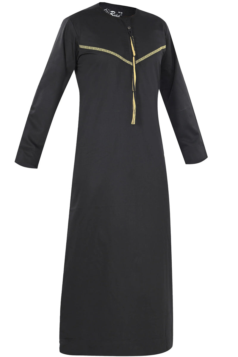 Omani Embroidery Thobe With Tassel Color Black Royal Premium Fabric Gulf Style