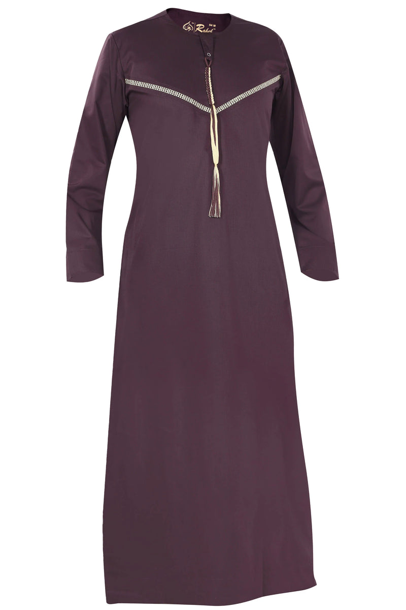 Omani Embroidery Mens Thobe- Wine Royal Premium Fabric Gulf Style