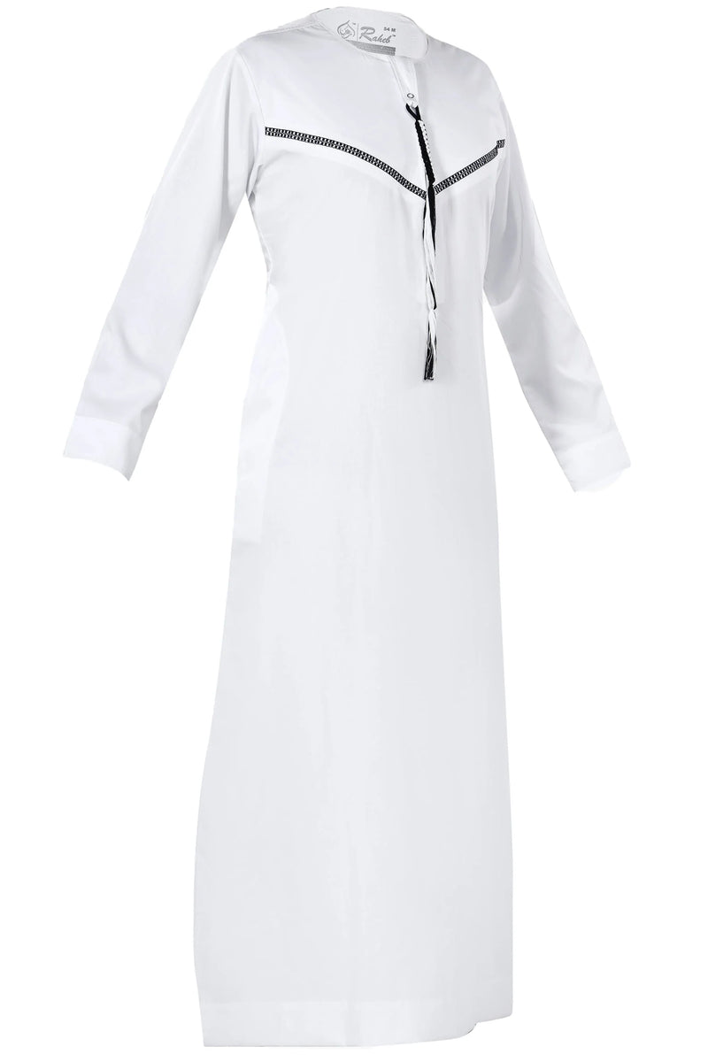 Omani Embroidery Thobe With Tassel color White Royal Premium Fabric Gulf Style