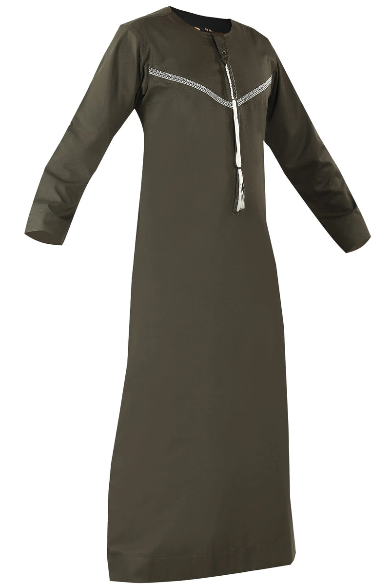 Omani Embroidery Thobe With Tassel color Brown Premium Fabric Gulf