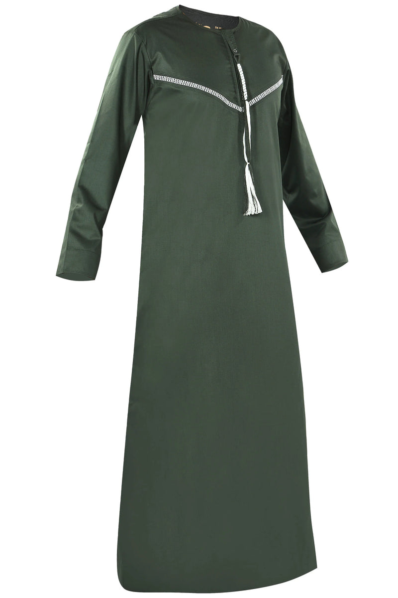 Omani Embroidery Thobe With Tassel color Dark Green Royal Premium Fabric Gulf Style