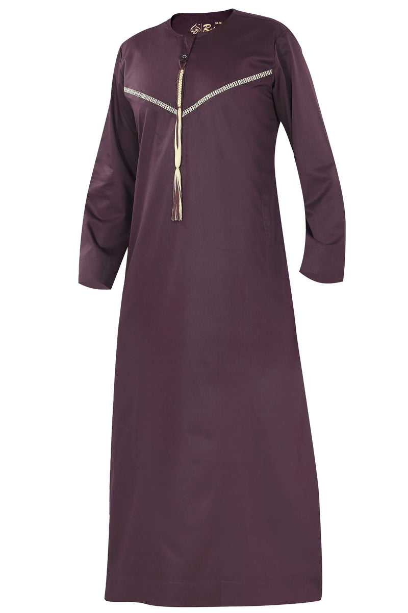 Omani Embroidery Mens Thobe- Wine Royal Premium Fabric Gulf Style