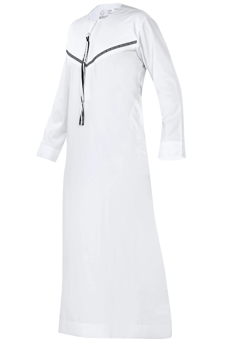Omani Embroidery Thobe With Tassel color White Royal Premium Fabric Gulf Style