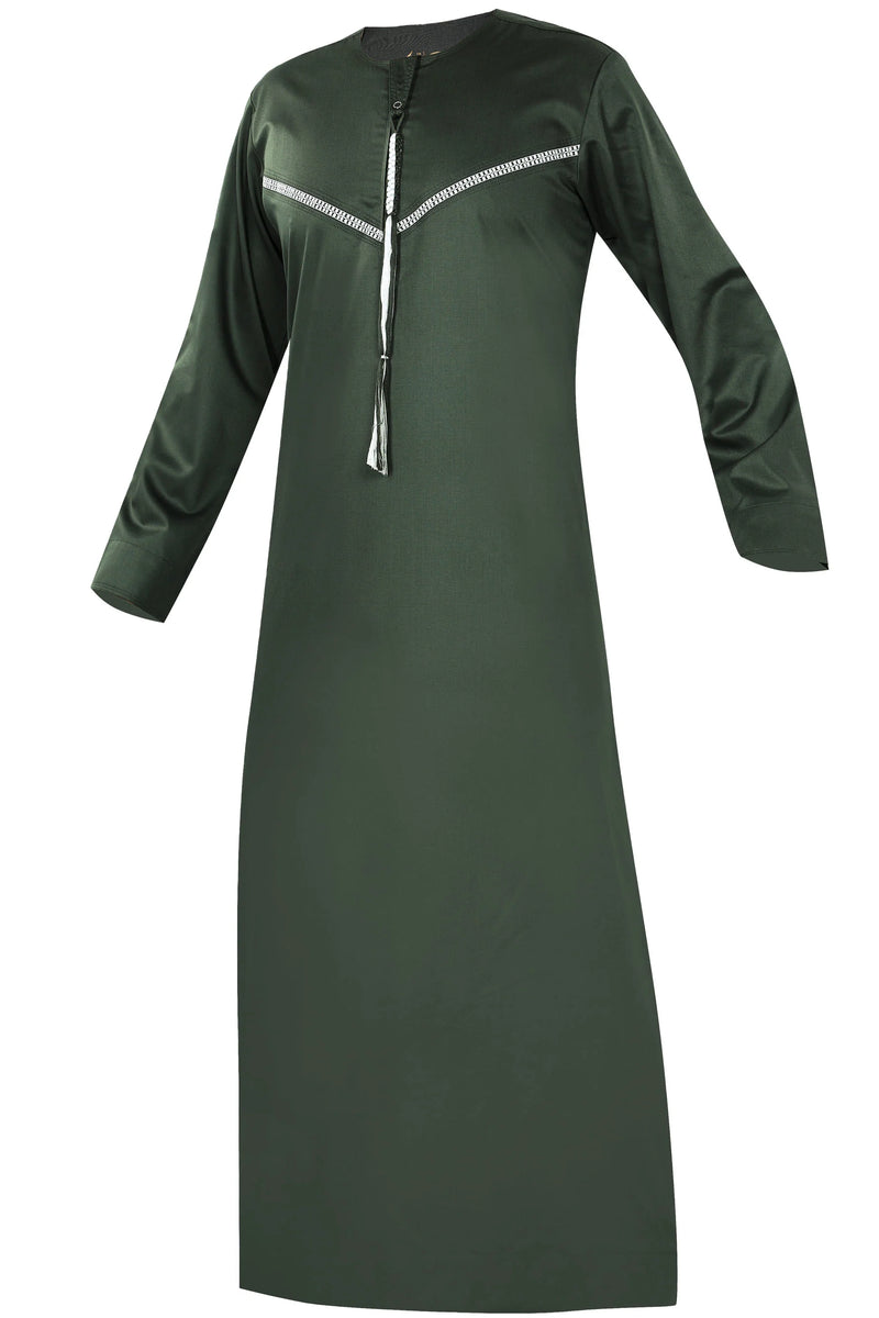 Omani Embroidery Thobe With Tassel color Dark Green Royal Premium Fabric Gulf Style