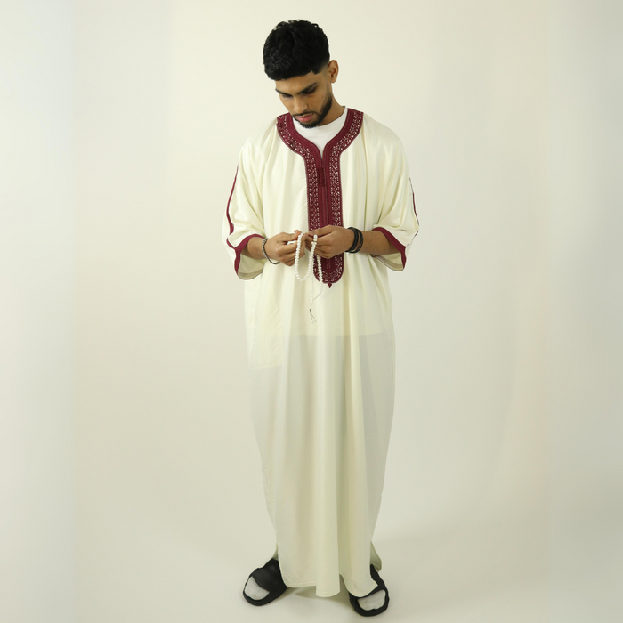 White - Red Embroidery - Mens Moroccan Thobe