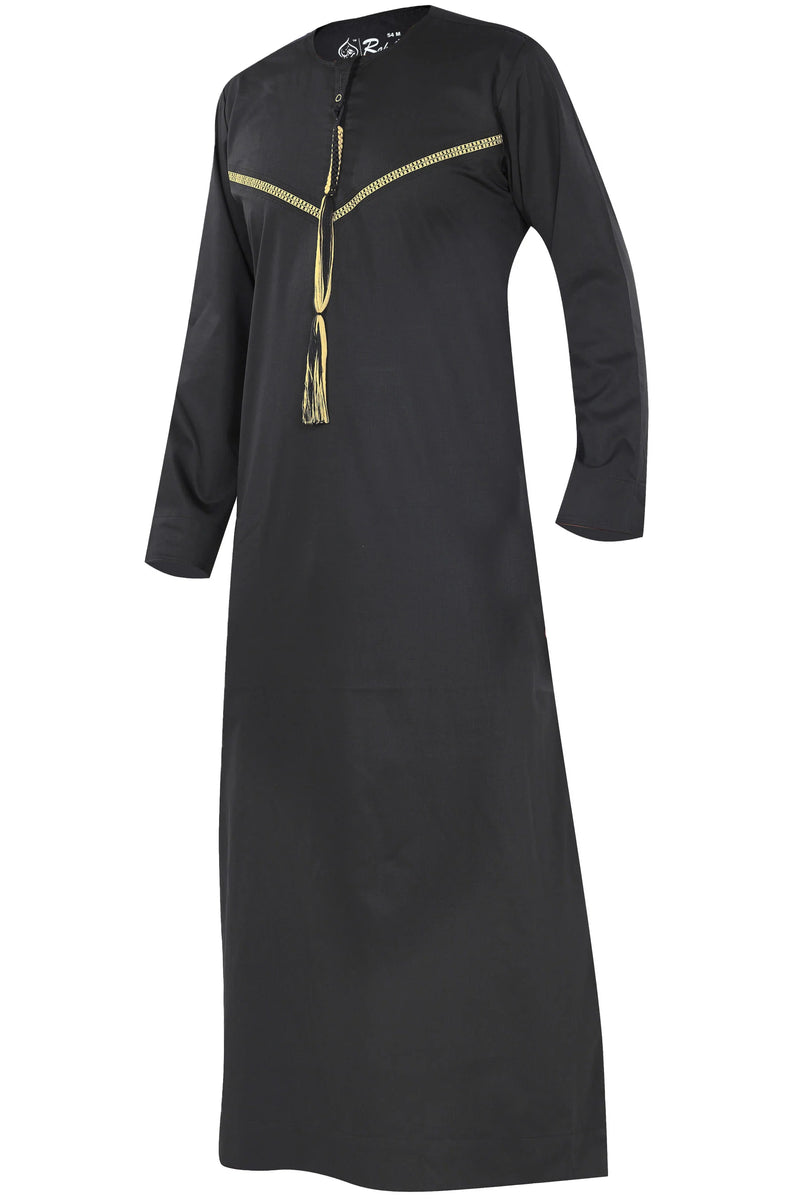 Omani Embroidery Thobe With Tassel Color Black Royal Premium Fabric Gulf Style