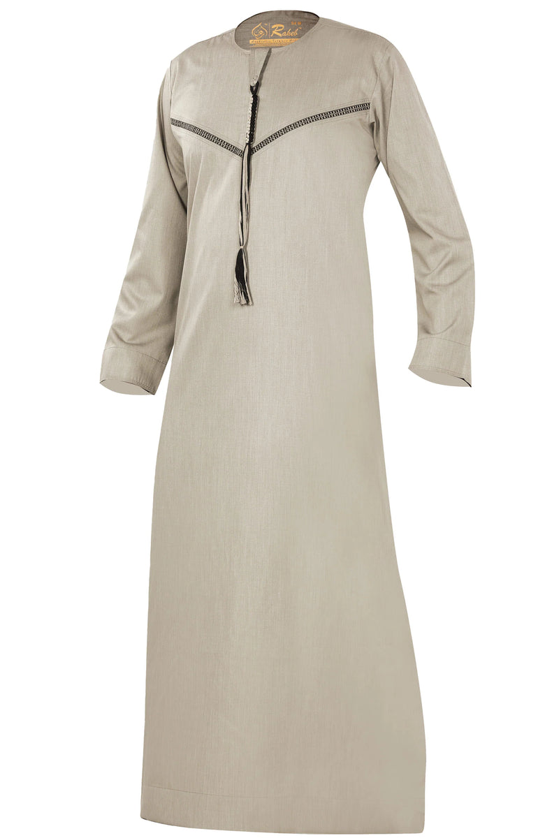 Omani Embroidery Thobe With Tassel color Slate Royal Premium Fabric Gulf Style