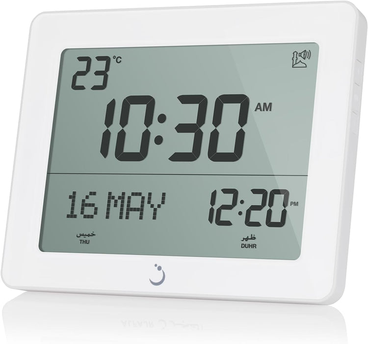 ALFAJR Azan Clock CF-19 White - Automatic Athan Five Times in 5 Different Voices - Simplified Manual for UK & Rest of the World (White) Al Fajr Desk or Wall Clock