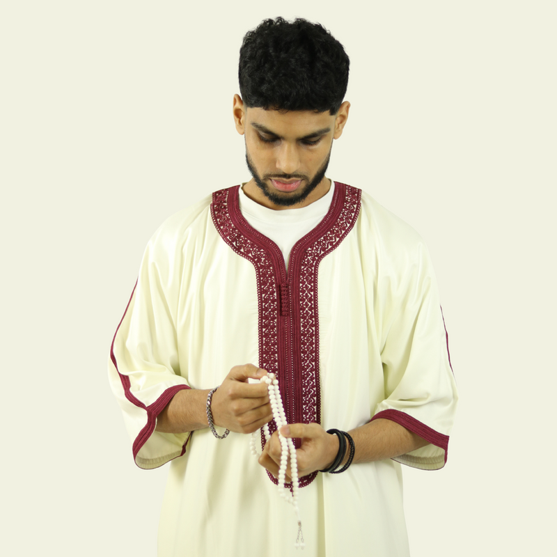 White - Red Embroidery - Mens Moroccan Thobe