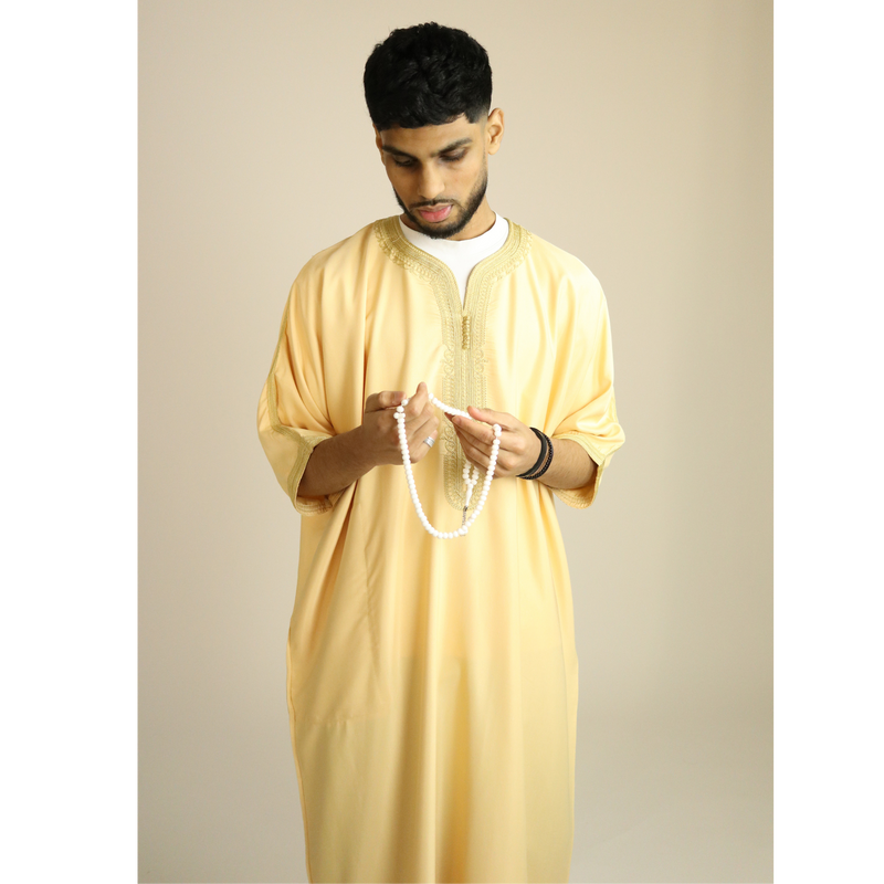 Cream - Gold Embroidery - Mens Moroccan Thobe