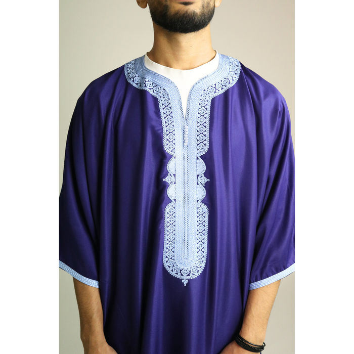 Dark Blue - Light Blue Embroidery - Mens Moroccan Thobe