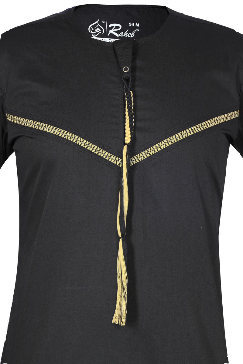 Omani Embroidery Thobe With Tassel Color Black Royal Premium Fabric Gulf Style