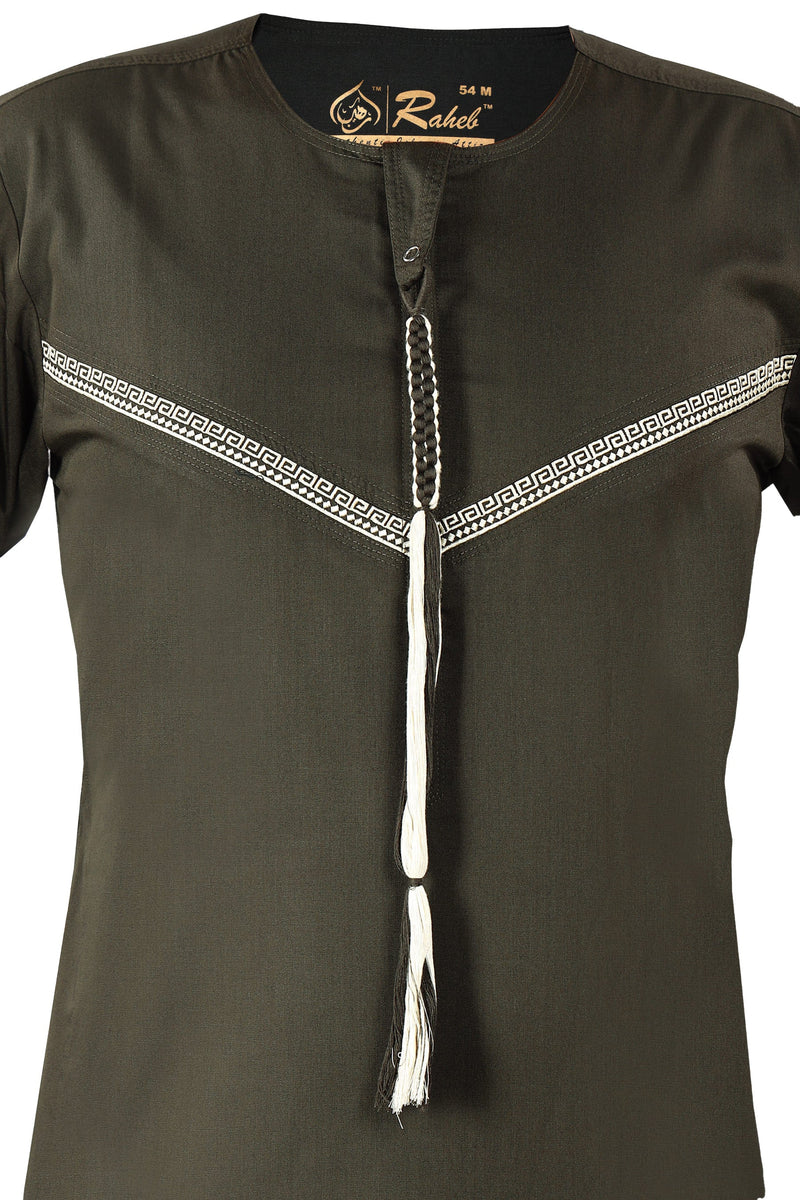 Omani Embroidery Thobe With Tassel color Brown Premium Fabric Gulf
