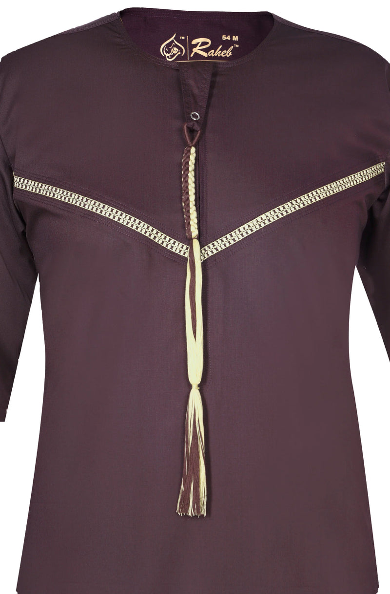Omani Embroidery Mens Thobe- Wine Royal Premium Fabric Gulf Style