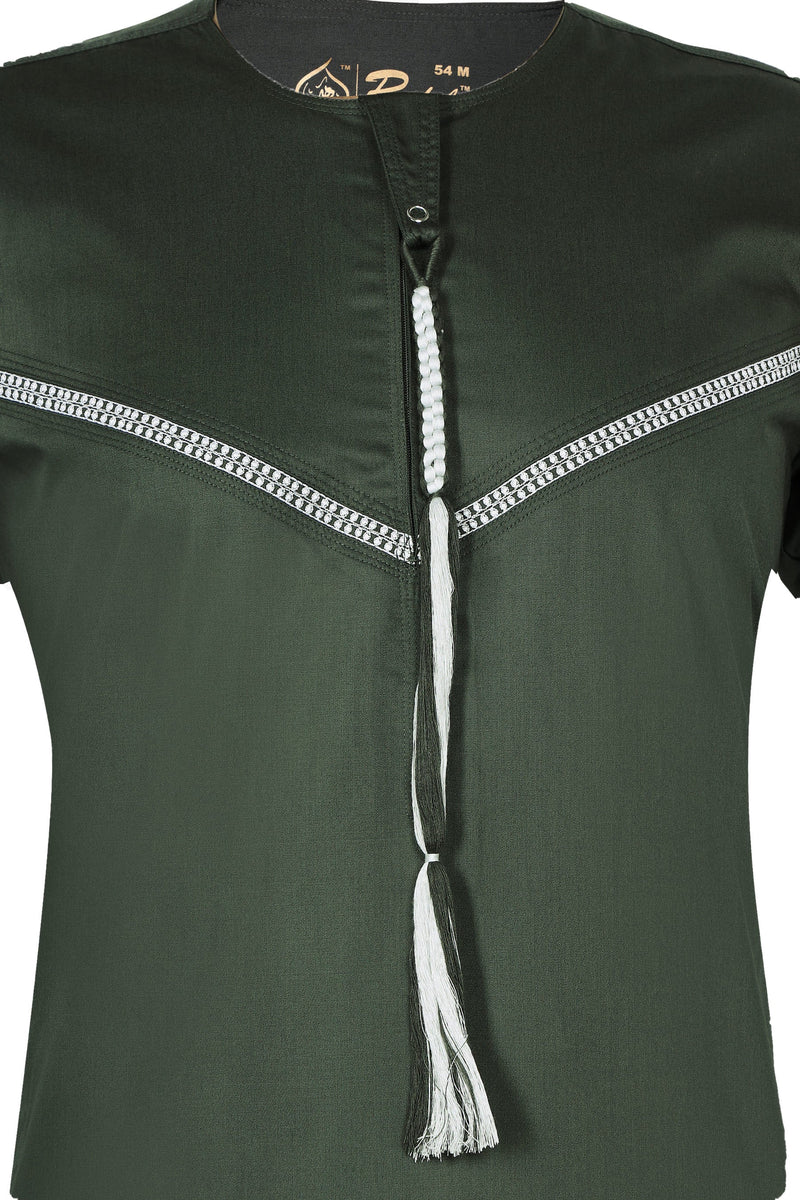 Omani Embroidery Thobe With Tassel color Dark Green Royal Premium Fabric Gulf Style