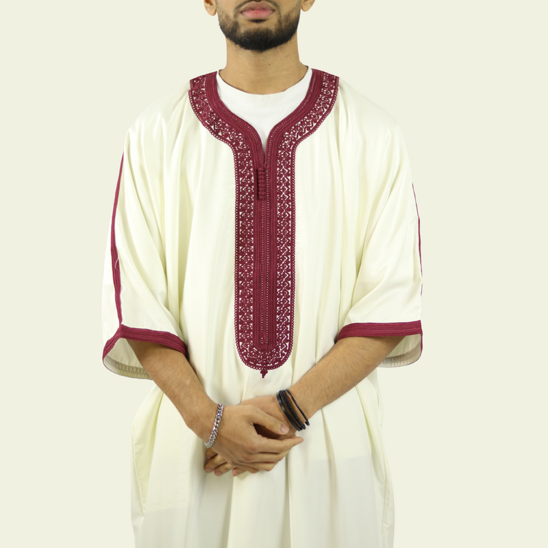 White - Red Embroidery - Mens Moroccan Thobe