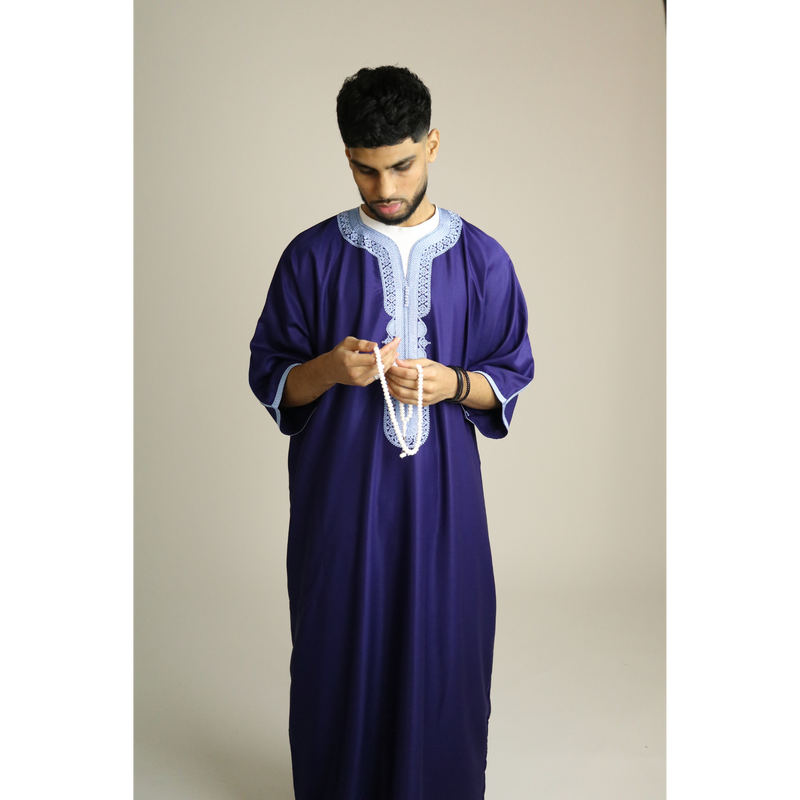 Dark Blue - Light Blue Embroidery - Mens Moroccan Thobe
