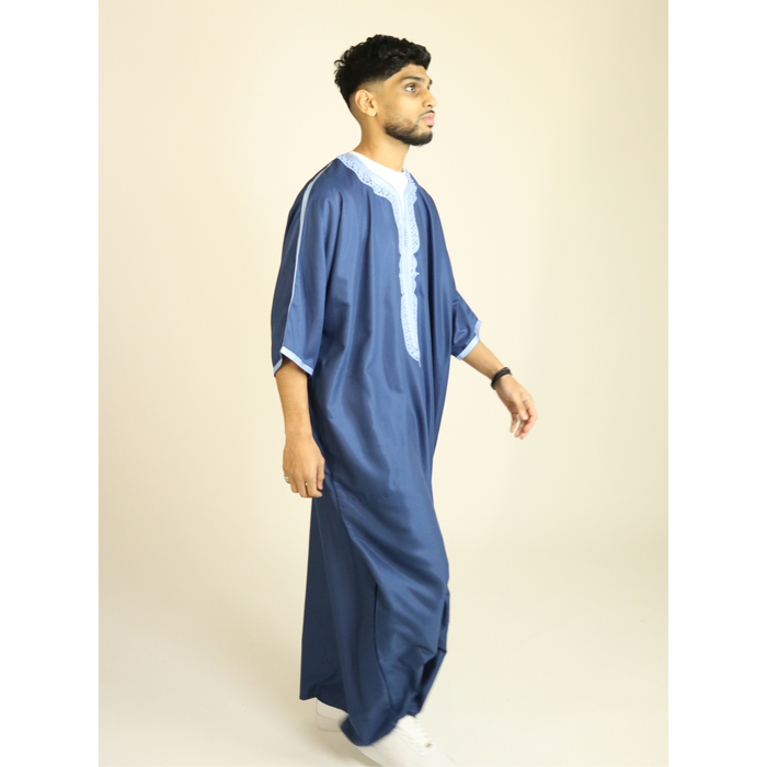 Blue - Light Blue Embroidery - Mens Moroccan Thobe
