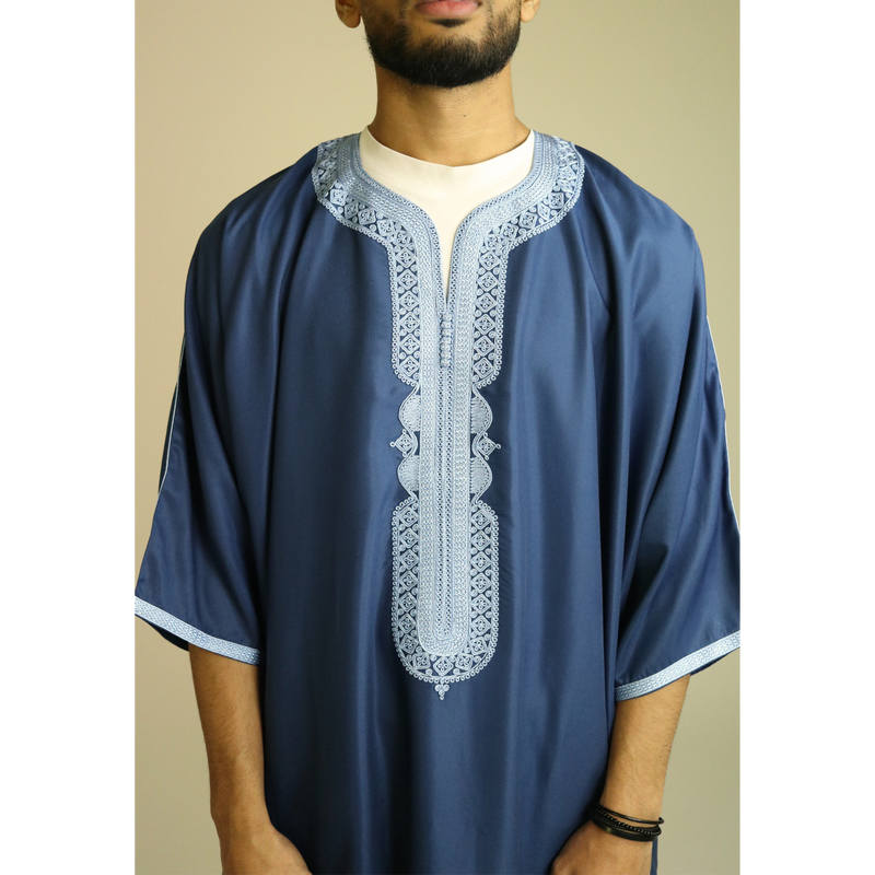 Blue - Light Blue Embroidery - Mens Moroccan Thobe