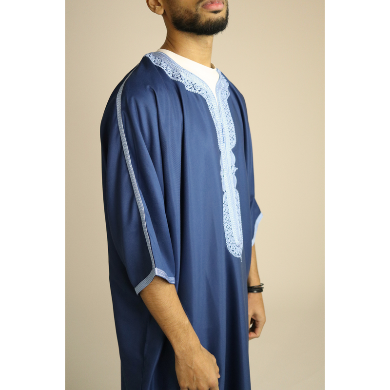 Blue - Light Blue Embroidery - Mens Moroccan Thobe